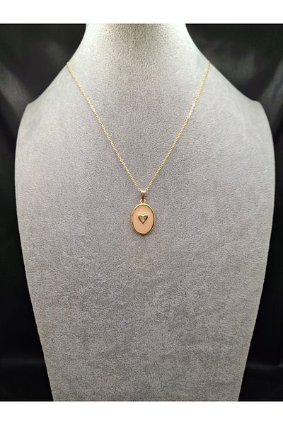 Han Ticarethane Gold Color Powder Pink Enamel Heart Model Necklace