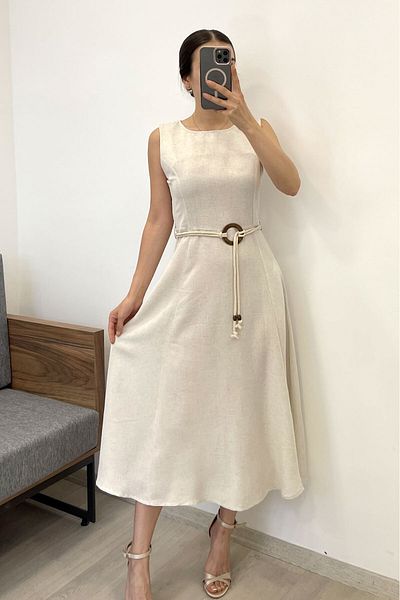 Nazline Women's Belt Detailed Square Neck Pocket Linen Dress