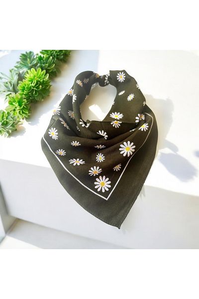 ALS Tasarım Dünyası Women's Green Color with White Daisy Pattern 100% Cotton Bandana