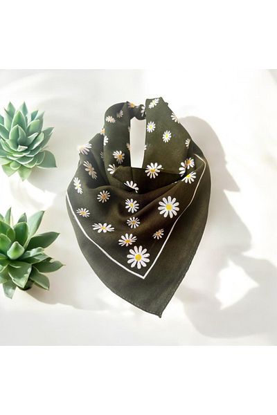 ALS Tasarım Dünyası Women's Green Color with White Daisy Pattern 100% Cotton Bandana