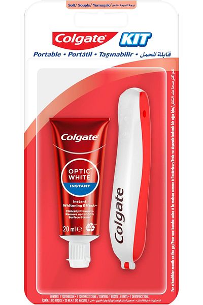 Colgate Portable Travel Oral Care Kit with Optic White Instant Teeth Whitening Toothpaste 20mL and S