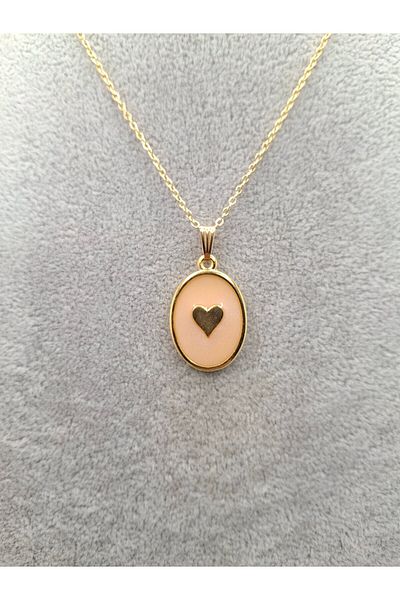 Han Ticarethane Gold Color Powder Pink Enamel Heart Model Necklace