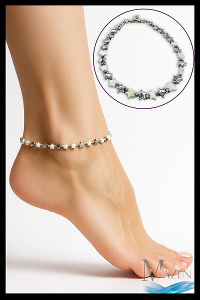 MAZEN Star Figured Women's Anklet |   Bright Metal and Pearl White Shades |   Adjustable Summer Design