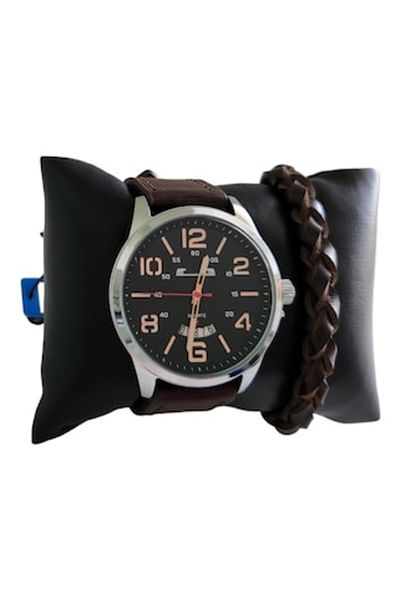 OEM Men's wristwatch with brown leatherette bracelet, buckle closure, analog display, quartz mechanism