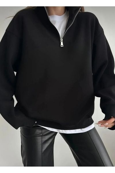 DEZZİİ Unisex Black Stand Collar Zippered Pullover Sweatshirt