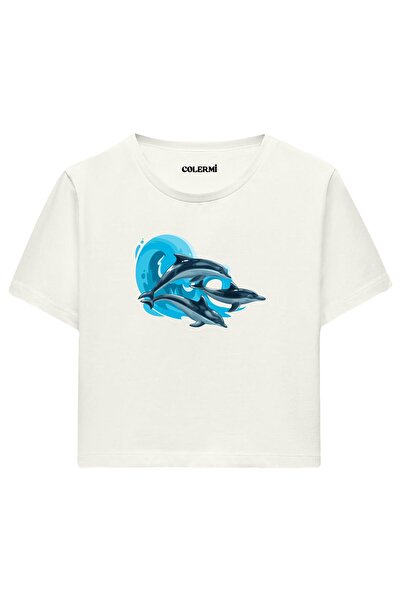 Colermi Ecru Women's Crop Tshirt - Dolphin Printed Design 100% Cotton Fabric