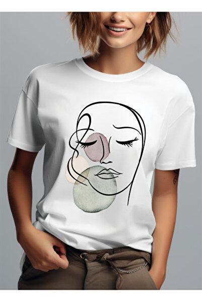 Bloom Atelier Tricou Dama Minimalist, Boho Face Line Art, Culoare Alb, Marime...