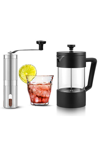 Omran Cart مكبس فرنسي 600 مل مع مطحنة وكوب زجاجي 160 مل طقم تحضير قهوة يدوي