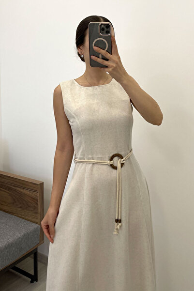 Nazline Women's Belt Detailed Square Neck Pocket Linen Dress