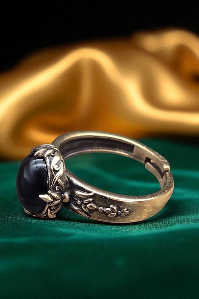 NBS Beautiful Naturel Stones Pure Copper Ring Adjustable Agate Black (Evil Eye Protection) (Gift, Daily, Special Occasions)