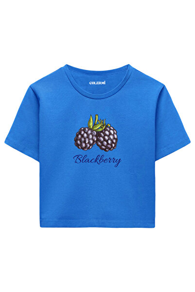 Colermi تيشيرت نسائي قصير باللون الأزرق - تصميم مطبوع بالتوت الأسود، نسيج قطن...