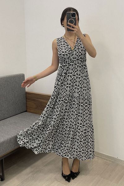 Nazline Women's V Neck Maxi Length Sleeveless Dress