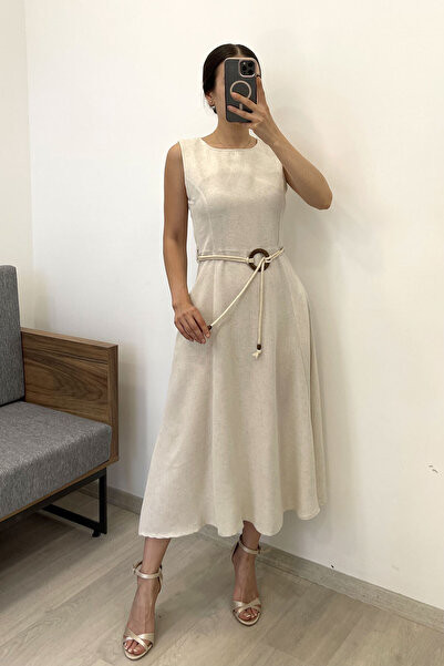 Nazline Women's Belt Detailed Square Neck Pocket Linen Dress