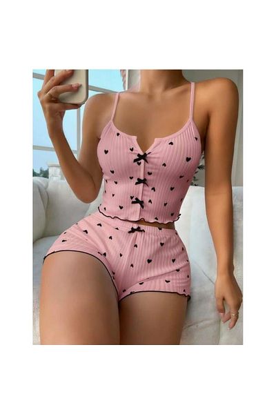 Findit Pink over Black Heart Patterned Strap Shorts Pajama Set