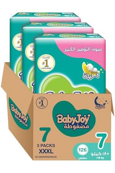 BabyJoy Compressed Diamond Pad Diaper, Size 7, Junior 3XL, 18+ Kg, Giant Box, 126 Diapers
