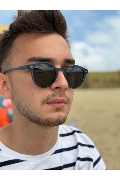 Ferrucci Matte Navy Blue Framed Black Glass Brand Model Round Polarized Unisex Sunglasses