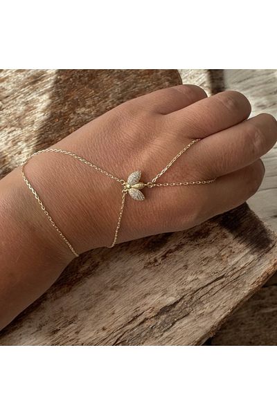 ALS Tasarım Dünyası Women's Gold Color Chain Middle Zircon Stone Butterfly Detailed Steel Shahmeran