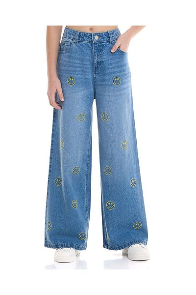 R&B Embroidered Wide Leg Jeans With Button Closure
