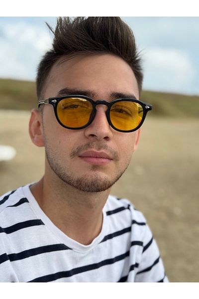 Ferrucci Brand Model Oval Unisex Sunglasses with Black Frame and Yellow Transparent Glass
