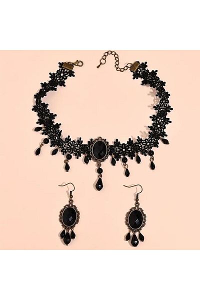 Yıldız Accessory Gothic Modern Black Lace Choker Necklace Earring Set