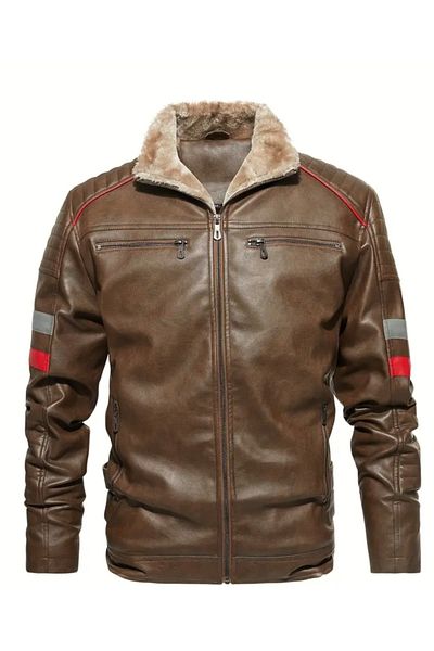 NYC GİYİM TEKSTİL Horizontal Red and Gray Striped Coat with Fur Inside and Sleeves