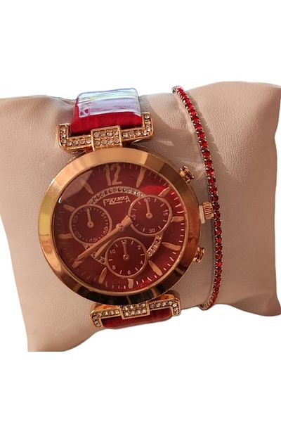 OEM Set Casual Ladies Watch with Included Bracelet, Analog Display, Quartz Mechanism, Glossy Faux Leathe