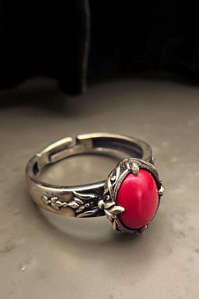 NBS Beautiful Naturel Stones Pure Copper Ring Adjustable Coral (Evil Eye Protection) (Gift, Daily, Special Occasions)