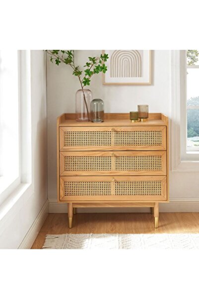 WoodenDecoration01 Bombong 3 Çekmeceli Masif Ahşap Şifonyer – Hasır Detaylı Modern ve Bohem Stil