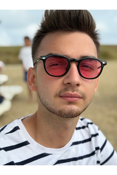 Ferrucci Pink Transparent Glass Brand Model Oval Unisex Sunglasses with Black Frame