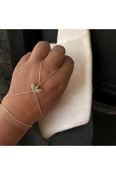 ALS Tasarım Dünyası Women's Gold Color Chain Middle Zircon Stone Butterfly Detailed Steel Shahmeran