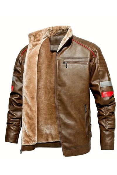 NYC GİYİM TEKSTİL Horizontal Red and Gray Striped Coat with Fur Inside and Sleeves