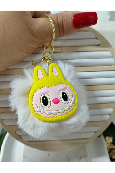 mos&more White Labubu Pompom Bag Ornament Accessory Keychain, Car Ornament, Bag Charm