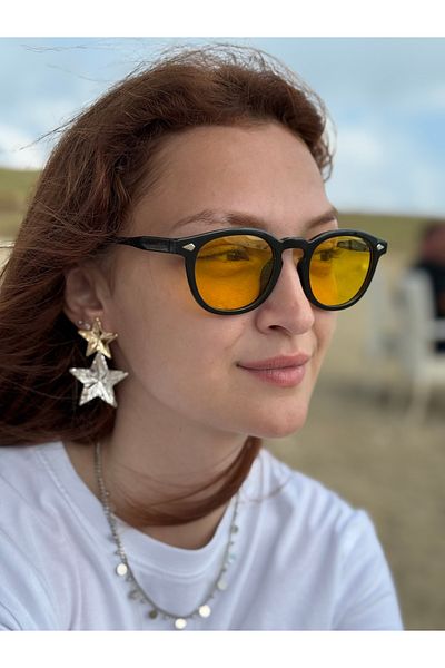 Ferrucci Brand Oval Unisex Sunglasses with Black Frame and Yellow Transparent Glass