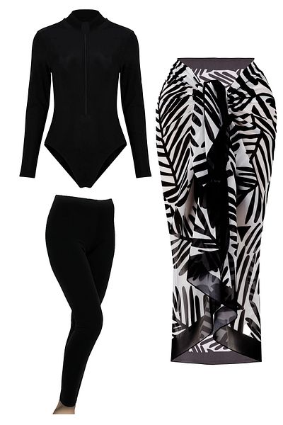 CUPSEA Black Long Sleeve Bodysuit Swimsuit Lycra Long Tights Black Leaf Pareo Set of 3 Hijab