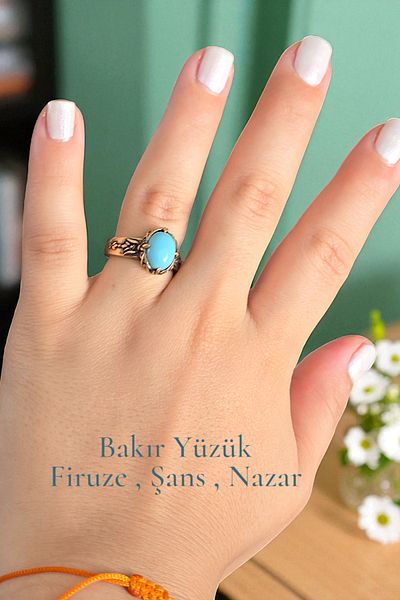 NBS Beautiful Naturel Stones Pure Copper Ring Adjustable Turquoise Stone (Evil Eye Protection) (Gift, Daily, Special Occasions)