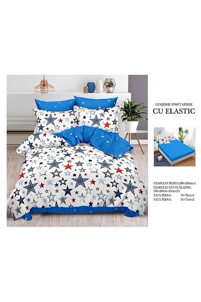 CHIRASO FINE Cotton Bedding Set, ELASTIC Sheet 180x200+25cm, Duvet Cover 200x230cm 4 Pillowcases