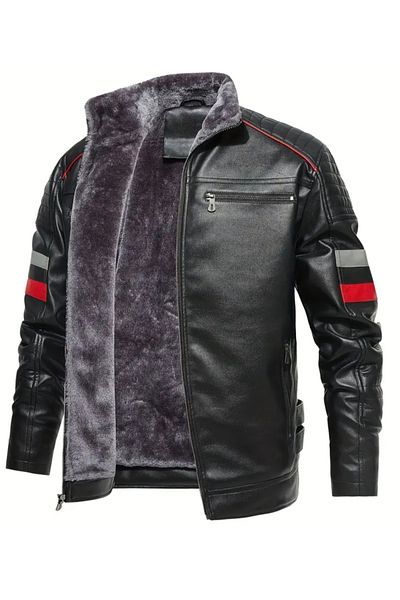 NYC GİYİM TEKSTİL Horizontal Red and Gray Striped Coat with Fur Inside and Sleeves