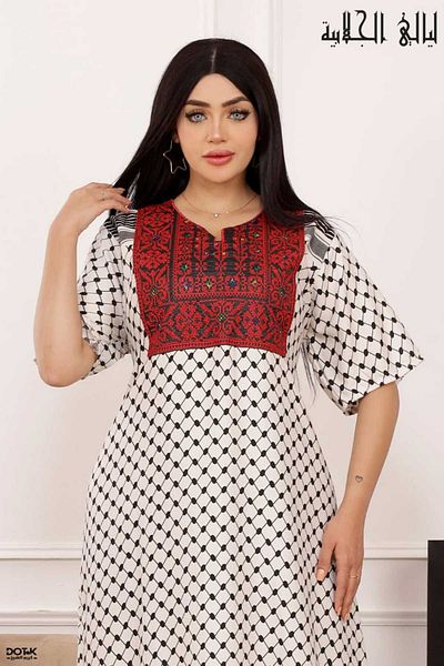 Lyaly aljlabyh Modern women's jalabiya with a traditional design featuring a keffiyeh motif and luxurious red embroidery on the chest, ideal for occasions and receptions.