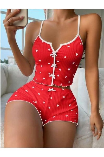 GiyimCity Red over White Heart Patterned Suspender Shorts Pajama Set