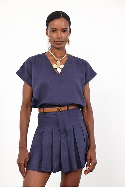 5in1Canpolat Navy Blue Linen Blouse Pleated Shorts Skirt Set 51169