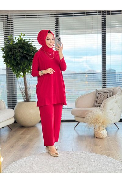 Afili Women's Red Side Pocket Pants Sandy Suit with Elastic Waist