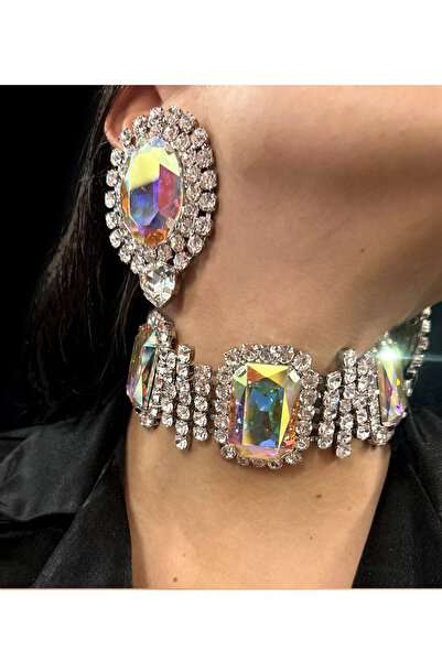 CAŞ DEKORASYON Gümüş Renk Taşlı Choker Kolye