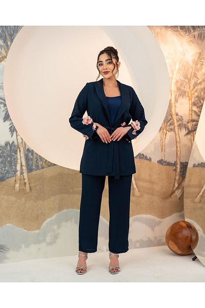 YAFA CLOTHING & ACCESSORIES Jacket Trousers Double Suit with Rose Sleeves Navy Blue