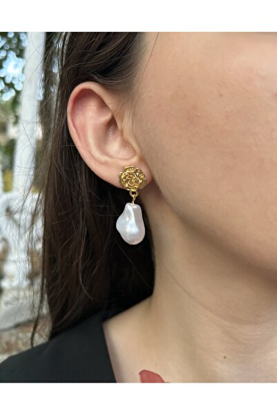 Leorat Store Özel Tasarım Altın Kaplama Gül Detaylı Mayorka Plastik Cam Barok İnci Küpe