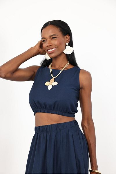 5in1Canpolat Navy Blue Linen Blended Blouse Skirt Suit 1545