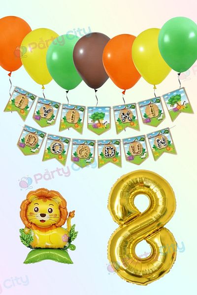 Party City Σετ στολίδια για πάρτι γενεθλίων με θέμα το Safari Age 8 |   Balloon Banner Lion Foil Αριθμός 100εκ