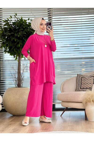 Afili Women's Fuchsia Side Pocket-Trousers Sandy Suit with Elastic Waist