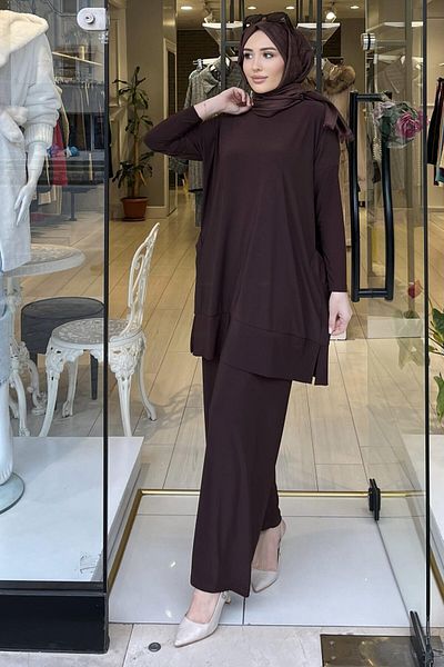 Afili Women's Brown Side Pocketed Pants Sandy Suit with Elastic Waist