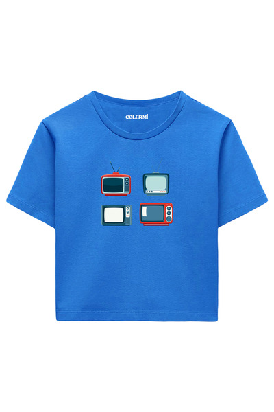 Colermi تيشيرت نسائي قصير باللون الأزرق - تصميم مطبوع عليه تلفزيون ريترو، نسيج قطني 100%