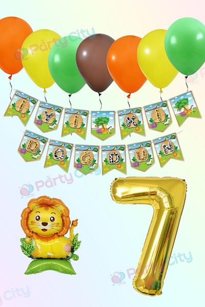 Party City Safari Themed 7 Year Old Birthday Party Decoration Set |   Balloon Banner Lion Foil Number 100cm